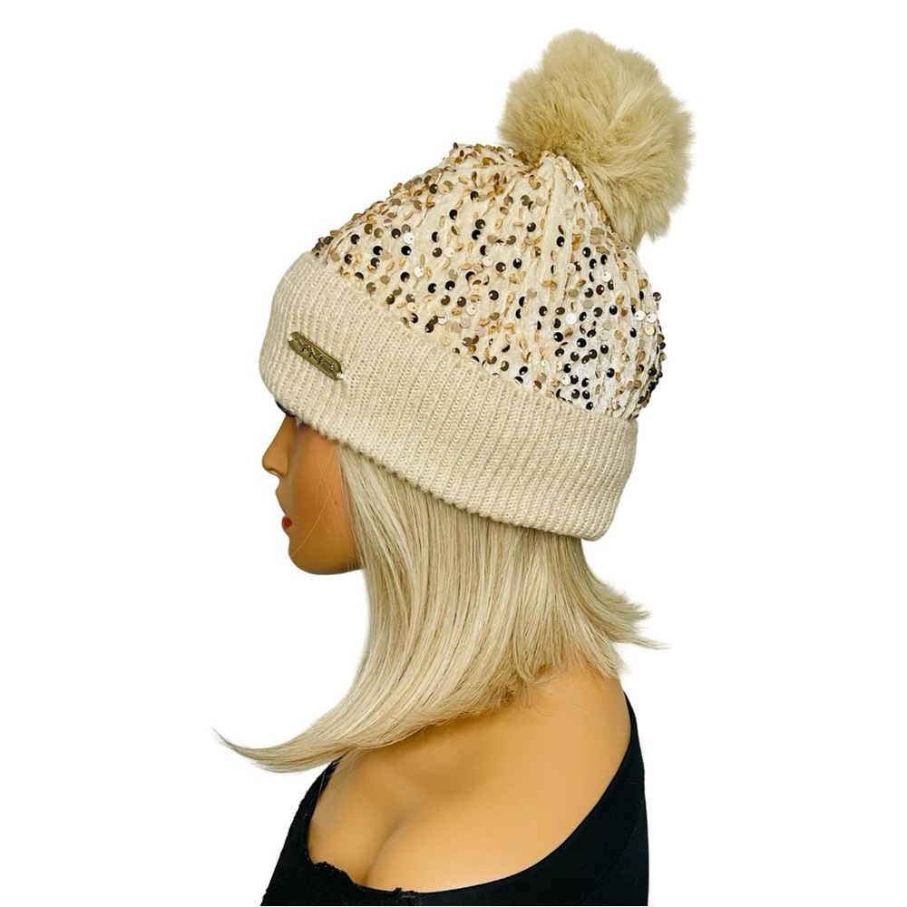 Chic Sequin-Embellished Knit Beige Beanie with Pom-Pom - Picture 2 of 4